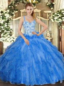 Stylish Ball Gowns Vestidos de Quinceanera Blue Straps Organza Sleeveless Floor Length Lace Up