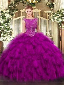 Floor Length Zipper Sweet 16 Quinceanera Dress Fuchsia for Military Ball and Sweet 16 and Quinceanera with Beading and Ruffles
