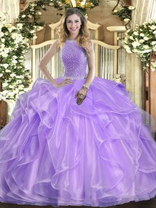 Free and Easy Sleeveless Floor Length Beading and Ruffles Lace Up Quinceanera Gown with Lavender
