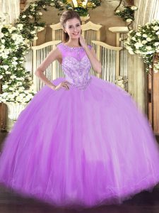 Exceptional Tulle Sleeveless Floor Length Sweet 16 Quinceanera Dress and Beading