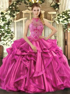 Halter Top Sleeveless Quinceanera Gown Floor Length Beading and Embroidery and Ruffles Fuchsia Organza