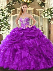 Graceful Purple Lace Up Sweetheart Beading and Ruffles and Pick Ups Vestidos de Quinceanera Organza Sleeveless