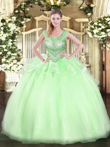 Best Selling Scoop Sleeveless Sweet 16 Dress Floor Length Beading Apple Green Organza
