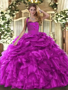 Trendy Fuchsia Sleeveless Ruffles and Pick Ups Floor Length Quinceanera Gown