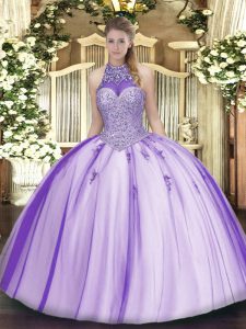 Decent Sleeveless Tulle Floor Length Lace Up Quinceanera Dress in Lavender with Beading and Appliques