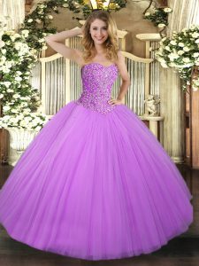 Lilac Tulle Lace Up 15th Birthday Dress Sleeveless Floor Length Beading