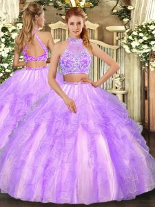 Hot Sale Lavender Criss Cross 15th Birthday Dress Beading and Ruffled Layers Sleeveless Floor Length