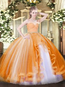 Orange Quinceanera Dresses Military Ball and Sweet 16 and Quinceanera with Beading and Lace and Ruffles Sweetheart Sleeveless Zipper