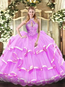 Chic Lilac Sleeveless Floor Length Beading Lace Up 15 Quinceanera Dress