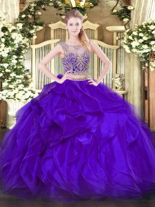 Stylish Purple Sleeveless Beading and Ruffles Floor Length Quince Ball Gowns