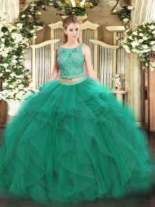 Fashionable Turquoise Sleeveless Floor Length Beading and Ruffles Lace Up Vestidos de Quinceanera