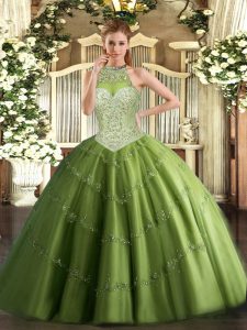 Low Price Halter Top Sleeveless Tulle Vestidos de Quinceanera Beading and Appliques Lace Up