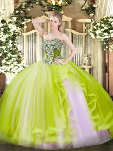 Elegant Yellow Green Ball Gowns Tulle Strapless Sleeveless Beading and Ruffles Floor Length Lace Up Quinceanera Gowns