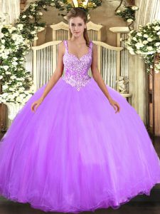 Best Lavender Ball Gowns Beading Sweet 16 Dress Lace Up Tulle Sleeveless Floor Length