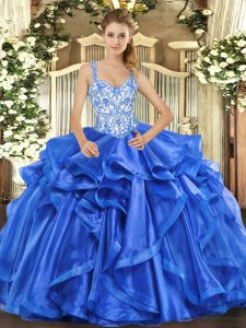 Blue Sleeveless Beading and Ruffles Floor Length Quince Ball Gowns