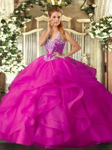 Amazing Fuchsia Vestidos de Quinceanera Military Ball and Sweet 16 and Quinceanera with Beading and Ruffles Straps Sleeveless Lace Up
