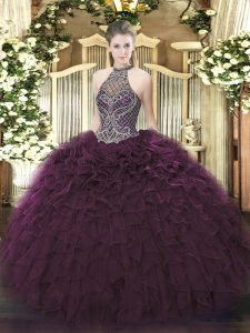 Inexpensive Sleeveless Floor Length Beading and Ruffles Lace Up Quinceanera Gowns with Dark Purple
