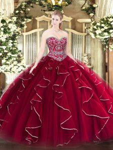 Most Popular Wine Red Sleeveless Floor Length Beading and Ruffles Lace Up Quinceanera Gown