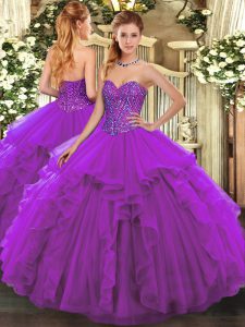 Artistic Eggplant Purple Sweetheart Neckline Beading and Ruffles Sweet 16 Dresses Sleeveless Lace Up