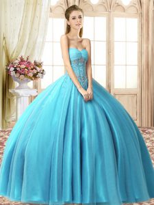 Aqua Blue Sleeveless Tulle Lace Up 15th Birthday Dress for Military Ball and Sweet 16 and Quinceanera