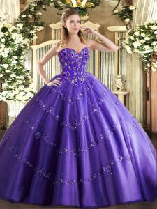 Inexpensive Purple Tulle Lace Up Sweetheart Sleeveless Floor Length Vestidos de Quinceanera Appliques and Embroidery