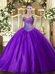 Suitable Eggplant Purple Tulle Lace Up Sweetheart Sleeveless Floor Length 15 Quinceanera Dress Beading