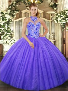Halter Top Sleeveless Tulle Quinceanera Dress Beading and Embroidery Lace Up