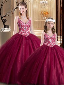 Lovely Sleeveless Floor Length Lace Lace Up Ball Gown Prom Dress with Wine Red
