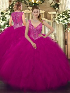 Fine Sleeveless Tulle Floor Length Zipper Quinceanera Dresses in Fuchsia with Beading and Ruffles
