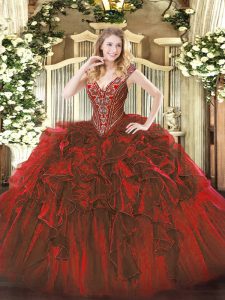 Wine Red Organza Lace Up V-neck Sleeveless Floor Length Sweet 16 Quinceanera Dress Beading and Ruffles