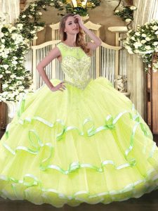 Yellow Green Scoop Neckline Beading and Ruffled Layers 15th Birthday Dress Sleeveless Lace Up