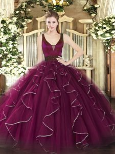 Straps Sleeveless Sweet 16 Dress Floor Length Beading and Ruffles Fuchsia Tulle