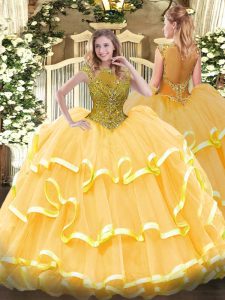 Gold Ball Gowns Beading and Ruffled Layers Ball Gown Prom Dress Zipper Organza Cap Sleeves Floor Length