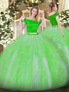 Dynamic Green Quinceanera Gowns Military Ball and Sweet 16 and Quinceanera with Appliques and Ruffles Off The Shoulder Short Sleeves Zipper