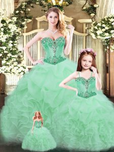 Apple Green Ball Gowns Beading and Ruffles Sweet 16 Dresses Lace Up Tulle Sleeveless Floor Length