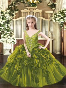 V-neck Sleeveless High School Pageant Dress Floor Length Beading and Ruffles Olive Green Organza