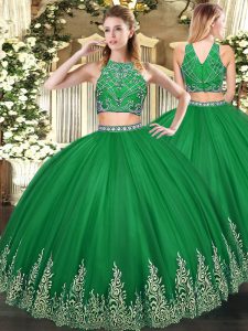 Dark Green Sleeveless Floor Length Beading and Ruffles Zipper Ball Gown Prom Dress