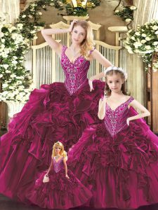Fuchsia Ball Gowns Organza Straps Sleeveless Beading and Ruffles Floor Length Lace Up 15th Birthday Dress