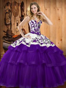 Sleeveless Embroidery Lace Up Sweet 16 Dress with Purple Sweep Train