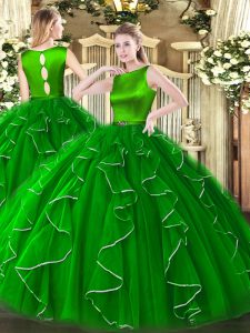 Best Selling Floor Length Clasp Handle Quinceanera Dresses Green for Military Ball and Sweet 16 and Quinceanera with Ruffles
