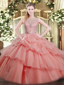 Watermelon Red Scoop Neckline Beading and Ruffled Layers Quinceanera Dress Sleeveless Backless