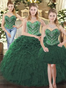 Dazzling Sleeveless Floor Length Beading and Ruffles Lace Up 15 Quinceanera Dress with Dark Green