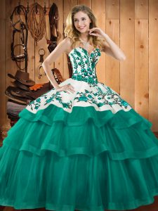 Superior Turquoise Ball Gowns Sweetheart Sleeveless Organza Sweep Train Lace Up Embroidery Quince Ball Gowns