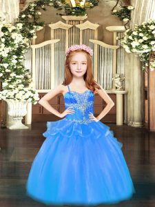 Floor Length Baby Blue Little Girls Pageant Dress Wholesale Spaghetti Straps Sleeveless Lace Up