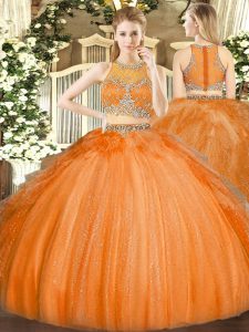 Dramatic Orange Tulle Zipper Sweet 16 Dress Sleeveless Floor Length Beading