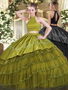 Halter Top Sleeveless Organza Quinceanera Gowns Beading and Embroidery and Ruffled Layers Backless