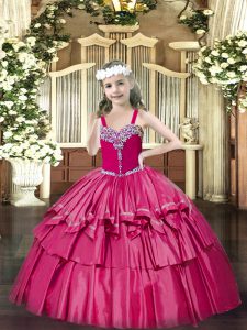 Hot Pink Organza Lace Up Straps Sleeveless Floor Length Little Girls Pageant Dress Beading and Ruffled Layers