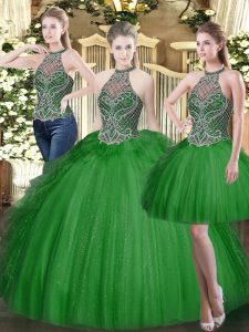 Modern Dark Green High-neck Neckline Beading and Ruffles Quinceanera Dress Sleeveless Lace Up