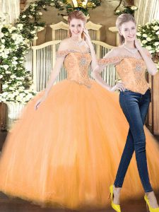 Unique Off The Shoulder Sleeveless Organza Quince Ball Gowns Beading and Ruffles Lace Up