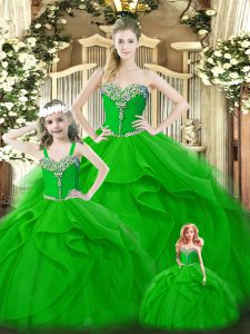 High Class Floor Length Green Sweet 16 Dress Organza Sleeveless Beading and Ruffles
